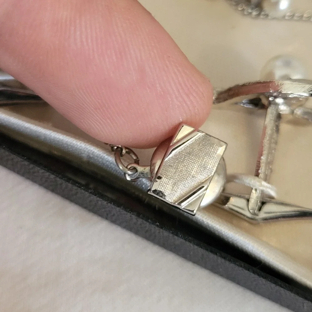 Embassy Vintage Mens Silver Tone Faux Pearl Cufflinks and Tie Tack Set MCM Boxed